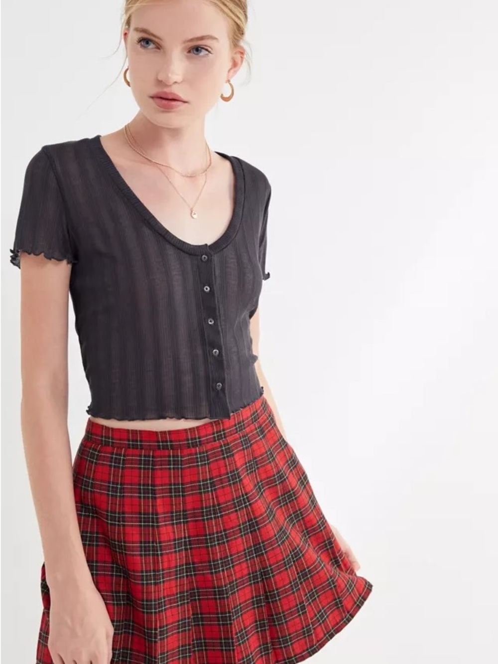 Urban Outfitters x Project Social Tee Black Ribbed Semi-sheer Button-Up Crop Top